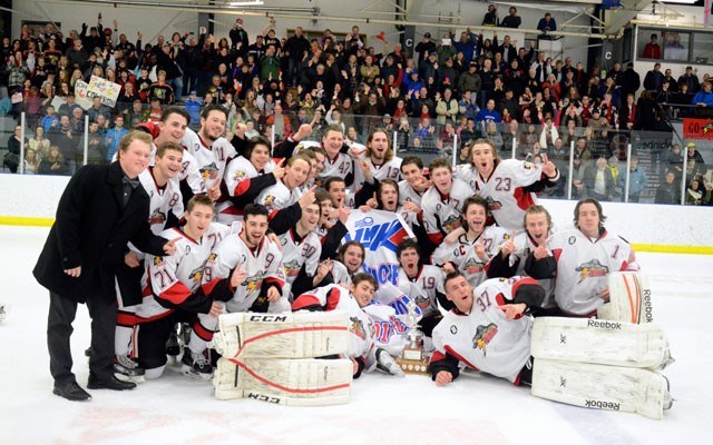 nearly perfect storm The Campbell River Storm, who have Whistlerites Tyler Welsh and Ryan Grills in their lineup, won the Vancouver Island Junior Hockey League championship after completing a four-game sweep of the Victoria Cougars on March 20. The Storm posted a 12-1 record in the postseason. Photo by wes roed