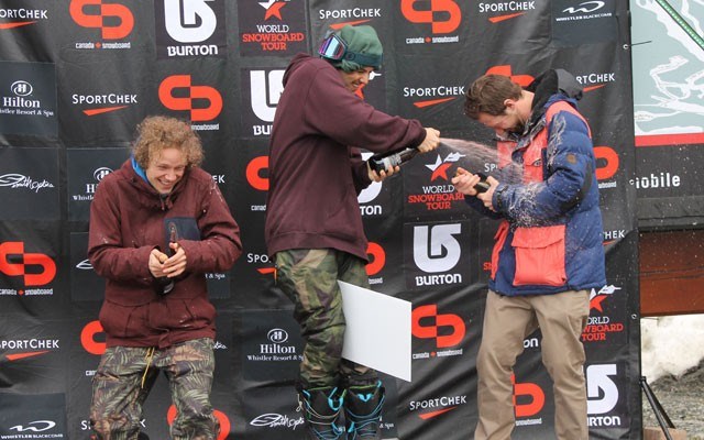 Max Eberhardt (centre) celebrates a win with second-place finisher David Kinskofer (right) and Timothy Crighton (left). Photo by Dan Falloon