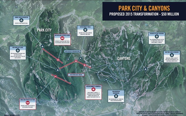 big spend A graphic showing the upcoming capital improvements at Park City and Canyons in Utah. Vail Resorts is investing $50 million to form the largest ski area in the U.S. Image submitted