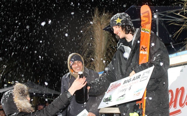 Vincent Gagnier accepts his spoils after winning the big air competition at the World Skiing Invitational on Saturday. Photo by Dan Falloon
