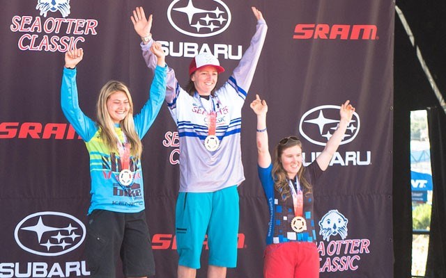 Whistler's podium Leonie Picton (middle) and Jennifer McTavish (right), both of Whistler, hit the podium with Californian Emily Harris (right) in the category open women's downhill at the Subaru Sea Otter Classic. photo by Dan Harmon