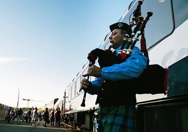A bagpiper welcomes travellers at the station in Vancouver. Photo provided by Rocky Mountaineer