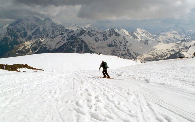 Skiing corn snow in June on the south slopes of Elbrus. photo by John Gallagher