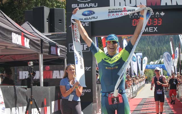 Amazin' Andy Colorado's Andy Potts celebrates after winning Subaru Ironman Canada on July 24. Photo by Dan Falloon