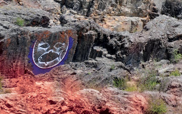 Xwisten chief Saul Terry painted a salmon "smiley face" on traditional fishing grounds in Lillooet. Photo by Louise Christie