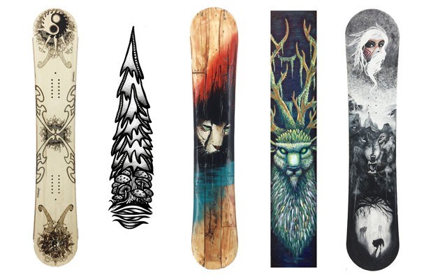 Pow Five of the 40 entries for this year's Prior Top Sheet competition, by artists Michael Williams, Cara Burrow, Raphael Suter, Angela Fulton, and Chrissy McCartney (left to right). photo submitted by Prior Snowboards and skis