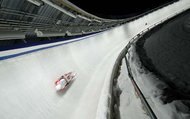 A luge sled on track at the Whistler Sliding Centre. Photo courtesy of the Canadian Luge Association