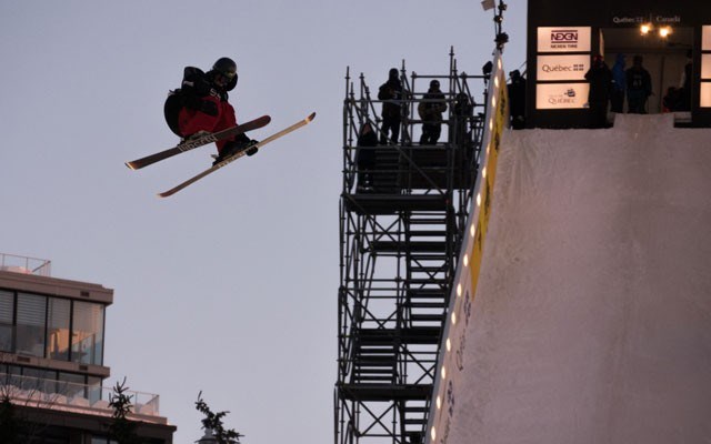 Teal Harle flies during big air training at an FIS World Cup in Quebec City. Photo courtesy of Freestyle Canada
