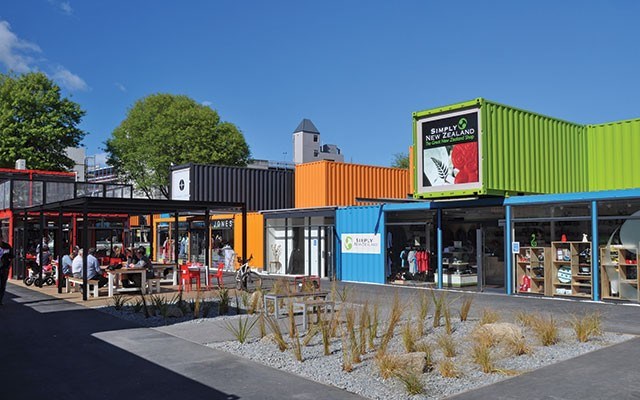 The Re:START container mall opened in central Christchurch in October 2011, six months after the devastating earthquake. photo by Nigel Spiers / <a href="http://Shutterstock.com">Shutterstock.com</a>