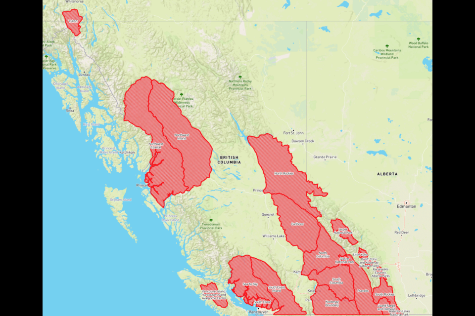 A screenshot of the Avalanche Canada forecast regions—including the Sea to Sky—included in a widespread avalanche warning that was issued today. Screenshot courtesy of avalanche.ca