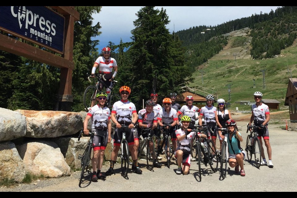 BACK IN ACTION The Whistler Cycling Club, shown here during a past ride up to Cypress Mountain, has started its fifth season. <ParaStyle:CUTLINE\:CUTLINE Credit>Photo courtesy of the Whistler Cycling Club
