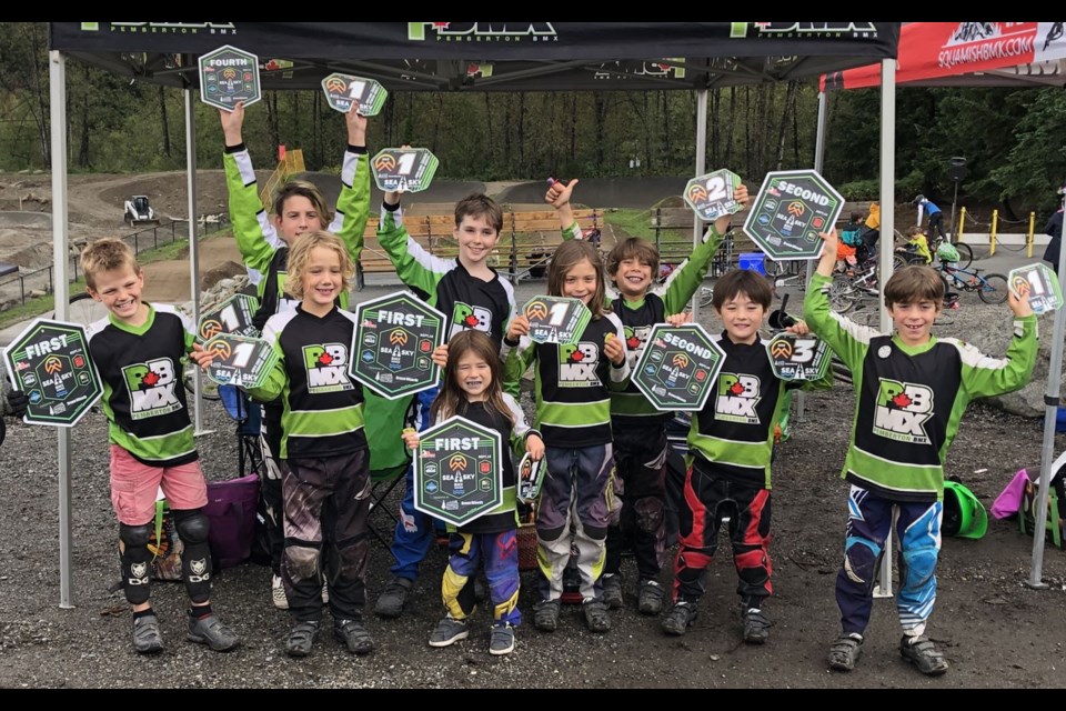 PEMBERTON PROUD Pemberton BMX racers celebrate at the Sea 2 Sky Series final in North Vancouver earlier this month. <ParaStyle:CUTLINE\:CUTLINE Credit><pDropCapDetail:LeftGlyphEdge><pAbsorbIdeoSpace:1><cDiacVPos:5>Photo submitted<cDiacVPos:><pDropCapDetail:><pAbsorbIdeoSpace:>