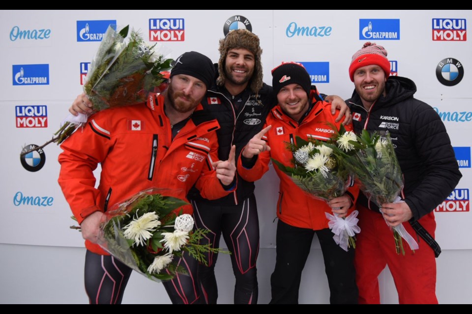 TWO IN A ROW Justin Kripps four-man bobsleigh team posted back-to-back wins in BMW IBSF World Cup action at Lake Placid on Dec. 14 and 15. <ParaStyle:CUTLINE\:CUTLINE Credit><pDropCapDetail:LeftGlyphEdge><pAbsorbIdeoSpace:1><cDiacVPos:5>Photo courtesy of the International Bobsleigh and Skeleton Federation<cDiacVPos:><pDropCapDetail:><pAbsorbIdeoSpace:>