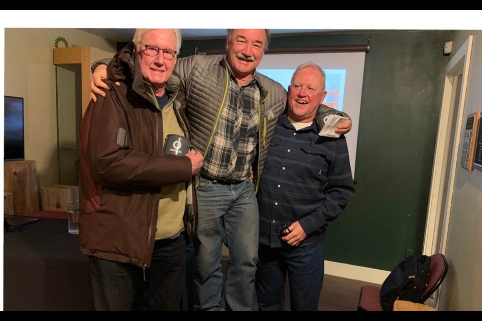 Roger McCarthy hamming it up with ld patrol buddies Bruce Watt (left) and Brian Leighton (right)at a Jan. 29 Whistler Museum Speaker Series talk. Photo by Joel Barde