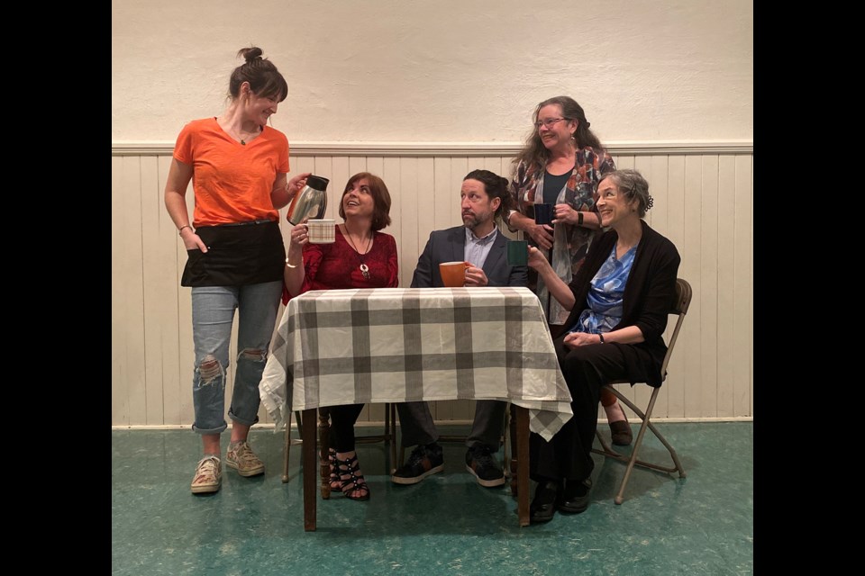 HALFWAY THERE: [From left] actors Jennifer Hillier, Angie Davey, Jeremy Buhay, Nicole Narbonne and Tricia Andrews rehearse Halfway There at the Dwight Hall in Townsite.