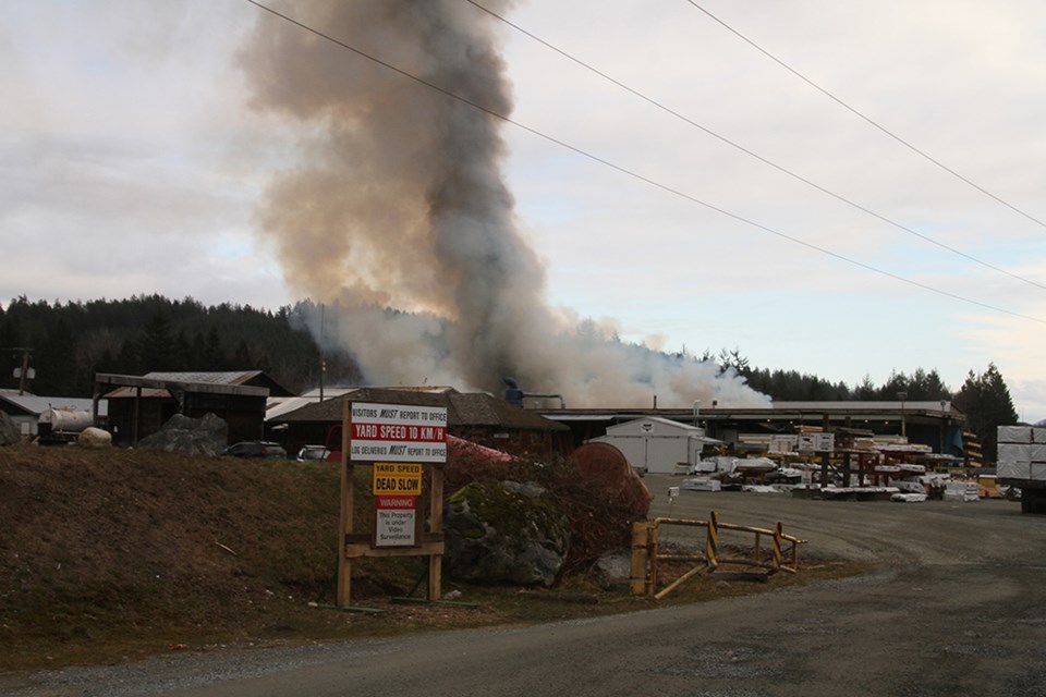 MORNING BLAZE: Malaspina Volunteer Fire Department responded to a fire at Lois Lumber on February 17. When firefighters arrived, staff had hoses on the fire to try and extinguish it. The volunteer fire department called in Powell River Fire Rescue to assist with putting out the blaze.