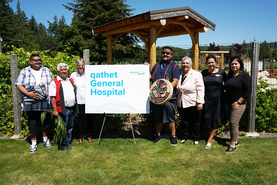Powell River General Hospital will now be known as qathet General Hospital after a memorandum of understanding was signed and a ceremony was held to announce the renaming of the acute care facility. At the ceremony on Monday, July 25, were [from left] Tla’amin Nation hegus John Hackett; Tla’amin elder John Louie; Dr. Penny Ballem, chair of Vancouver Coastal Health (VCH); Kespahl, or Drew Blaney, who provided traditional singing and drumming at the ceremony; Vival Eliopoulos, VCH chief executive officer and president; Leslie Bonshor, vice-president of Indigenous health at VCH; and Marlane Christensen, Tla’amin Health director.                                                              
