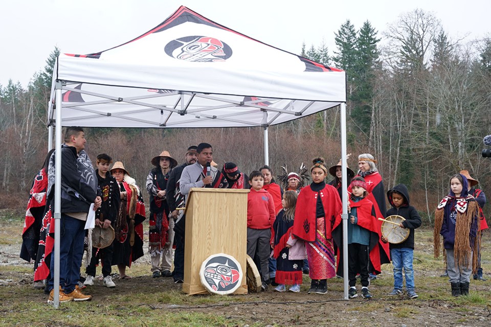 VITAL ROLE: Federal minister of crown and Indigenous relations Gary Anandasangaree, at the lectern, greeted Tla’amin Nation and outlined the effects of a $3.2 million contribution, to go with a $1 million contribution from the province, for construction of a future cultural centre and food processing facility.
