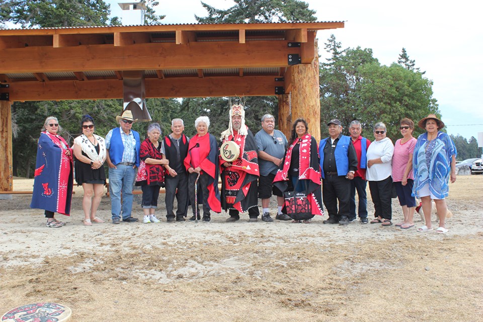 SHELTER SITE: Tla’amin Nation elders and citizens sang traditional Tla’amin songs during a visit to see the recently completed longhouse structure at Shelter Point on Texada Island.