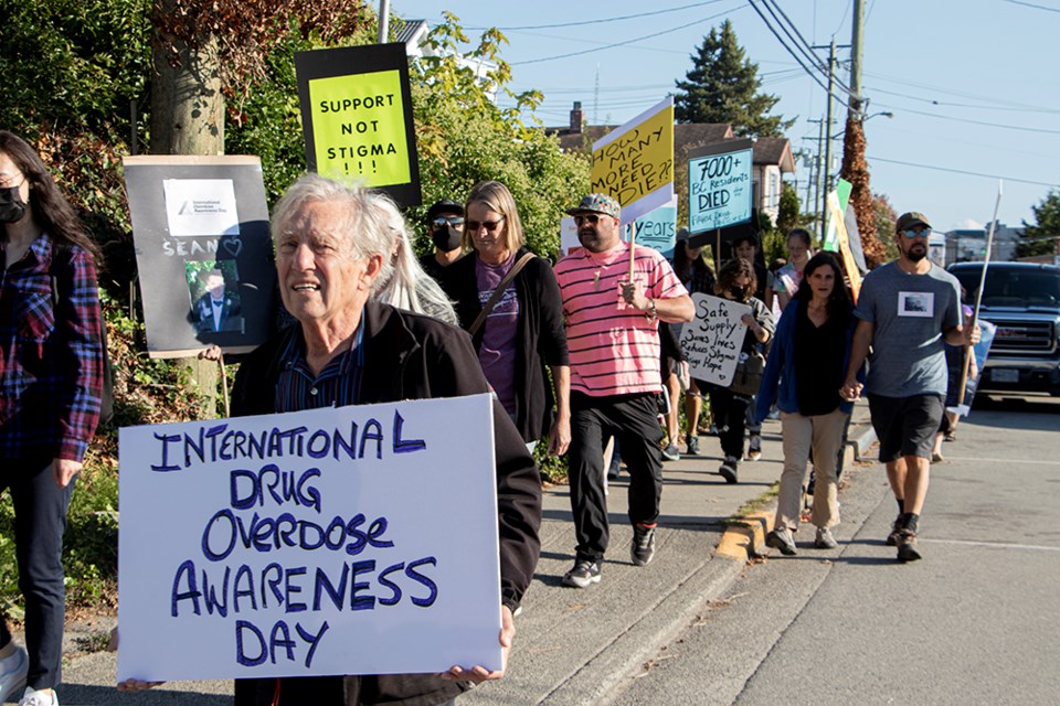 RAISING AWARENESS: A march in the qathet region on International Overdose Awareness Day began at Powell River City Hall, made a stop at MLA Nicholas Simons’ office on Marine Avenue, and concluded at Willingdon Beach, where those in attendance heard speeches from people who have lost loved ones due to the ongoing crisis. 