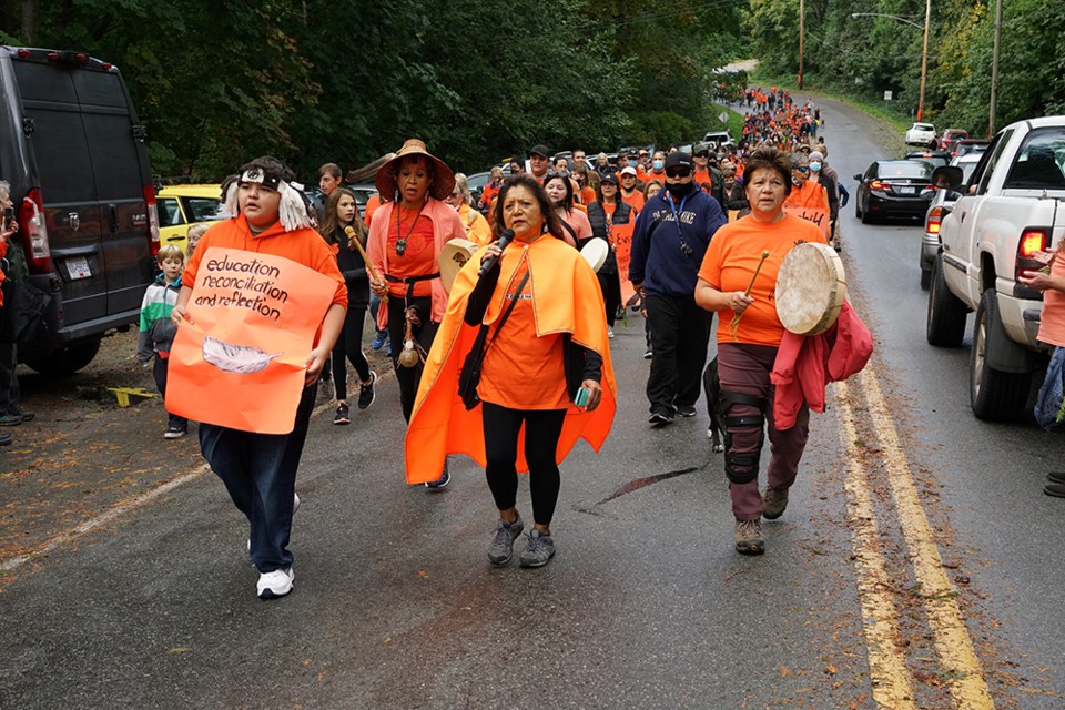 NATIONAL DAY FOR TRUTH AND RECONCILIATION: Cyndi Pallen led a National Day for Truth and Reconciliation and Orange shirt (Every Child Matters) day walk last September. This year people will gather at 2 pm in Tis’kwat (Townsite) and walk to, ah joo miexw (Willingdon Beach).
                          