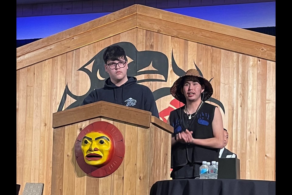 OUTLINE EXPERIENCES: Keshawn Smullin [left] and Matthew Louie and attended a Traditional Skill Builders program, coordinated by Tla’amin Nation, and presented their experiences at the British Columbia School Trustees Association annual general meeting in Vancouver, garnering a standing ovation from school trustees from around the province.