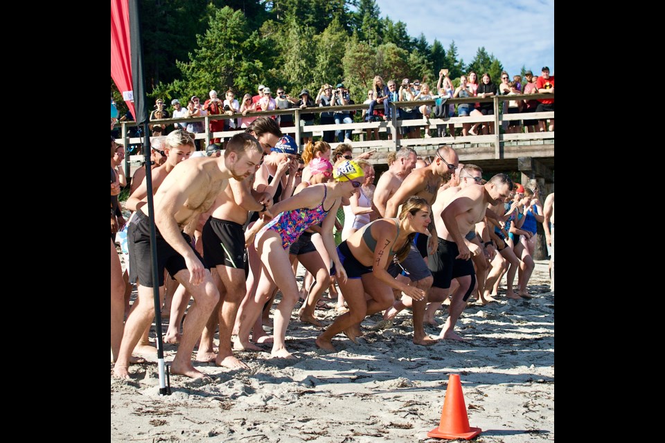 TRIATHLON TIME: Participants line up at the start line for the 2019 Savary Island Fun Triathlon. The fun event is back in full force this summer and accessible to all levels of fitness.