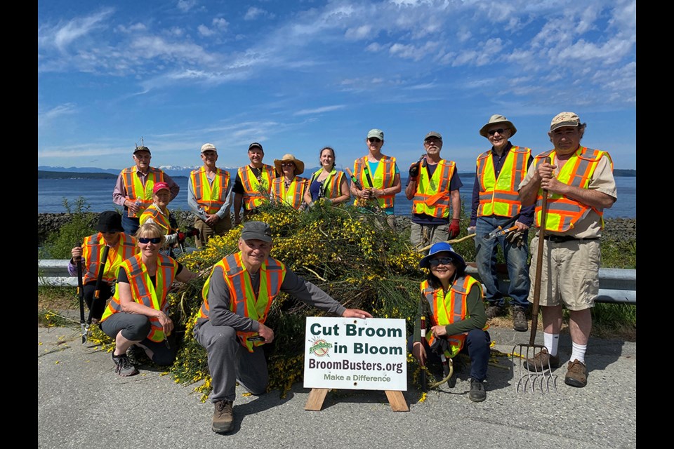 ACTIVE VOLUNTEERS: After an exhaustive cutting session along the sea walk between the old barge terminal and ferry terminal, a gaggle of broombusters poses with some of the plants that were chopped down. Volunteers have been in a variety of qathet region locations to help rid the area of the invasive species.