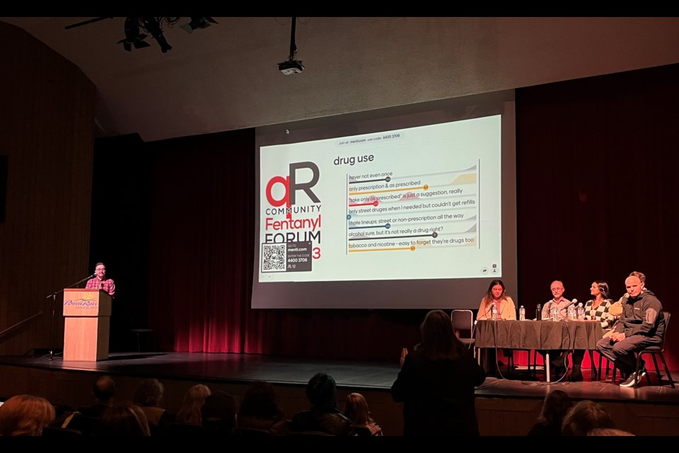 FENTANYL FORUM: qathet Community Action Team presented the 2023 Community Fentanyl Forum at Evergreen Theatre on Monday, October 23. Davis McKenzie [left] was the panel moderator.