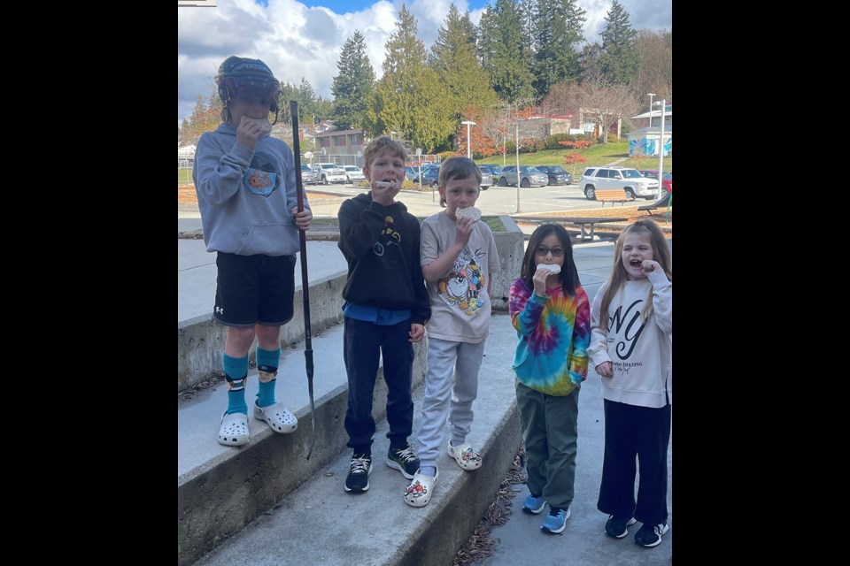 Westview Elementary School students [from left] Dax Ellis, Sawyer Hanson, Rivers Martin, Sora Takahashi, Sage Irvine took part in the Great Big Crunch on March 5.