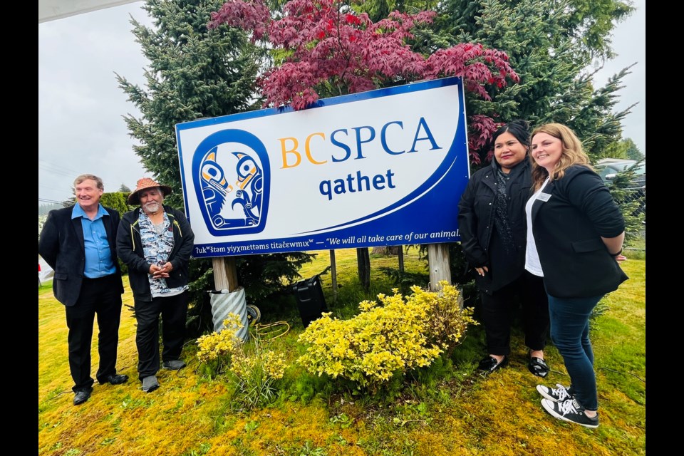 RECONCILIATION RECOGNITION: [From left] BC SPCA CEO Craig Daniell, Tla'amin elder Randolph Timothy Senior, Tla'amin elected representative Losa Luaifoa and qathet Community Animal Centre manager Tara Daniels at a renaming ceremony for the centre that took place on May 15.
