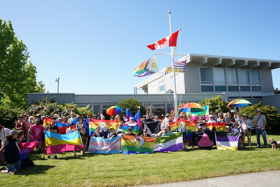 qathet Pride Society members and supporters were on hand to celebrate Pride Month with a flag raising at Powell River City Hall on June 9.                         