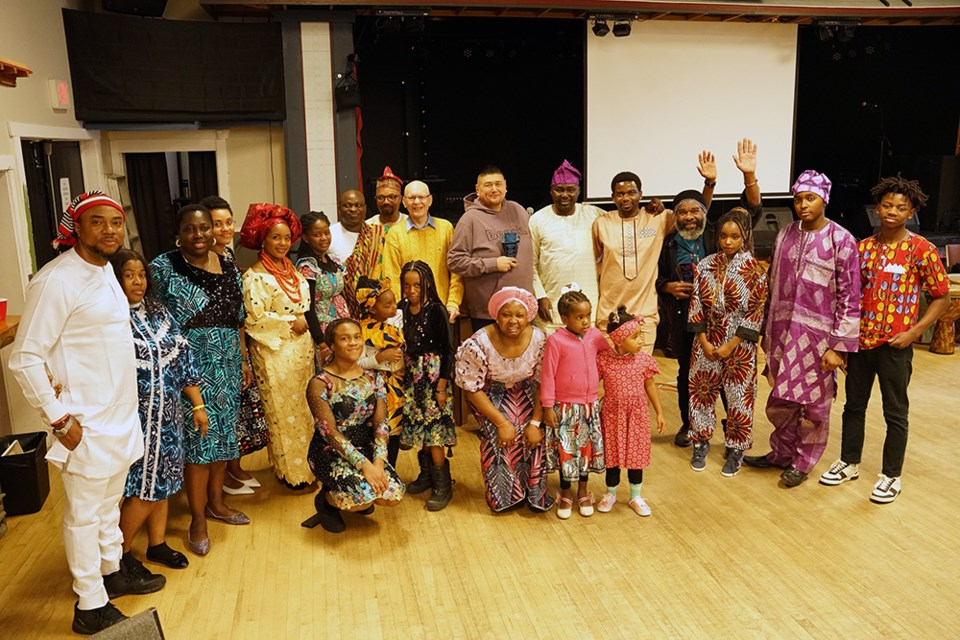 FIRST TIME: Black History Month was celebrated in style at Carlson Community Club on February 24 with a delicious feast having been prepared and served, with a drumming circle featuring powerful rhythms, plus a fashion show and other cultural components. Here, many of the participants gathered at the festivities are wearing their fashion finery.