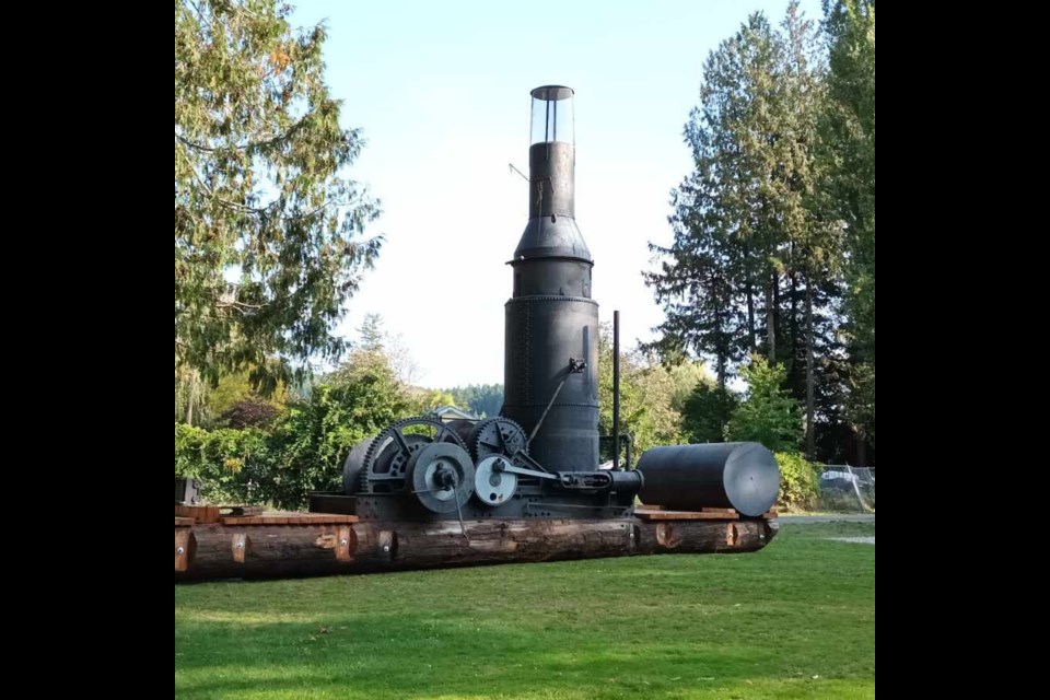 ANDERSON SAWMILL ARTIFACTS: Andy and Clara Anderson spent their adult lives working in the logging industry in the qathet region, and operated Anderson’s steam-powered sawmill at Block Bay on Powell Lake from 1932 to 1960. The newly installed steam donkey at Lindsay Park in Cranberry, a main source of steam for the sawmill, was installed Thursday, September 28.