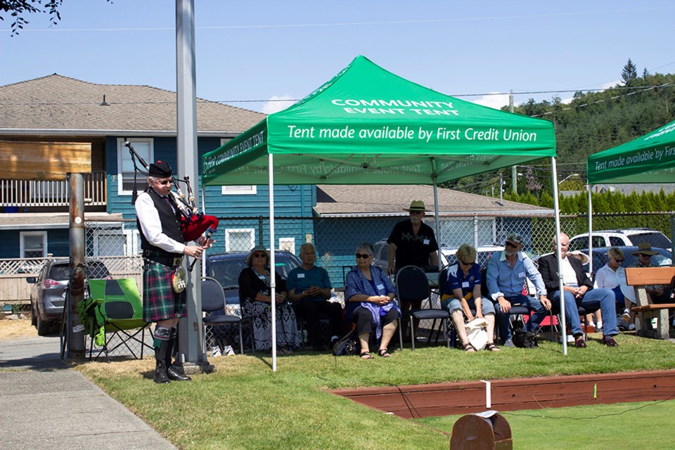 Powell River Lawn Bowling Club member Bruce Lister played “Scotland the Brave” on bagpipes during a tournament held to mark the club’s 100th anniversary last weekend.