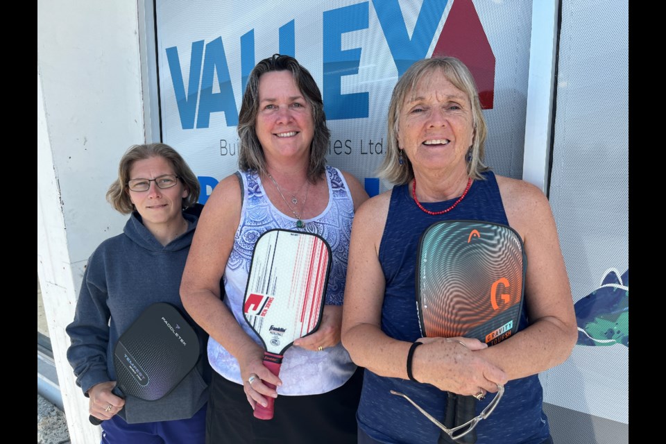 OPEN TO PUBLIC: Powell River Racquet Centre wants to encourage more residents to play and enjoy racquet sports. Tennis, badminton and pickleball share the facility on Joyce Avenue.
Lina Vallee [left] Susan Young, Marilee Jones.