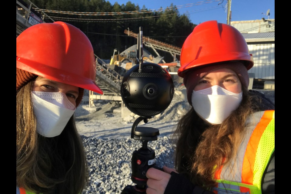 IMMERSIVE EXPERIENCE: Co-directors Josephine Anderson [left] and Claire Sanford shooting with a virtual reality 360-camera at Texada Island’s exterior quarry. Their film, Texada, features narrations by locals, including Claire’s father, teacher Michael Sanford.