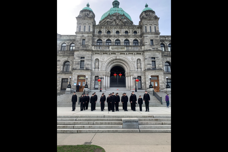 FEELING PROUD: Royal Canadian Sea Cadet Corps 64 Malaspina members had a chance to visit Victoria and Esquimalt earlier in the year. The 22 members from the qathet region were given a tour of the Parliament Buildings, home of the Legislative Assembly of BC.