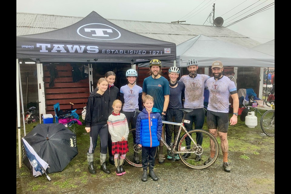 CYCLOCROSS CHAMPIONS: Powell River CX cyclocross racing team dominated the 2021 Cross on the Rock cyclocross series, which wrapped up on November 14. [Back row, from left] Tilley Cocksedge, Adianta Cocksedge, Ellie Winchell, Matt Cheetham, Katie Rushton, Justin Bailey and Kristjan Joubert; [front row, from left] Piper Cocksedge and Charlie Winchell.