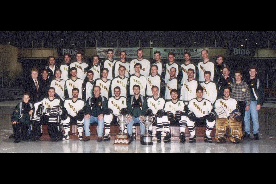 The 1997 Powell River Regals [above] won the Allan Cup [right], emblematic of senior AAA hockey supremacy in Canada, and the Patton Cup [left] as the top team in Western Canada on home ice, ahead of Warroad, Minnesota (Central Canada rep), Truro, Nova Scotia (Eastern Canada) and Stony Plain, Alberta (Western Canada).