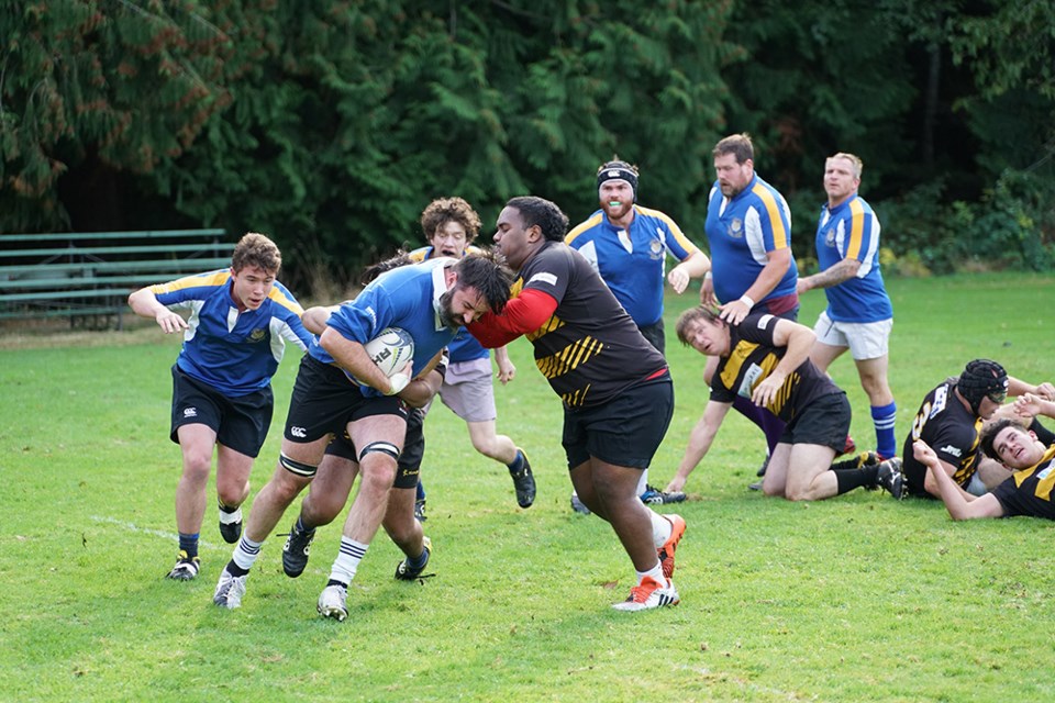 TAKING TACKLE: Powell River Otago Rugby Club hosted Nanaimo Hornets in an exhibition game at Cranberry Field on November 5, losing 33-14, but gaining valuable game experience against the more experienced opponents.                               