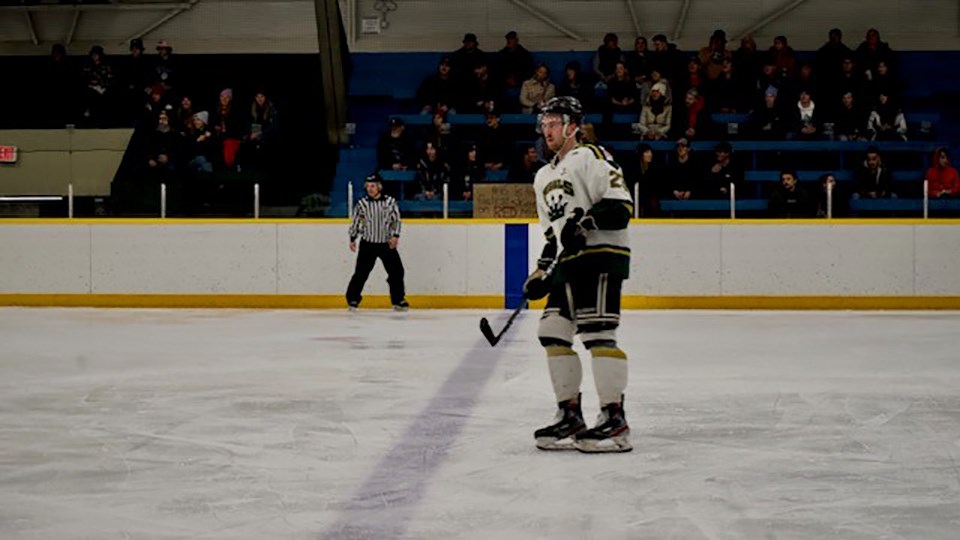 Powell River Regals’ defender Gabe Shipley patrols the blueline during a senior AA hockey game at Rossland Arena last weekend.