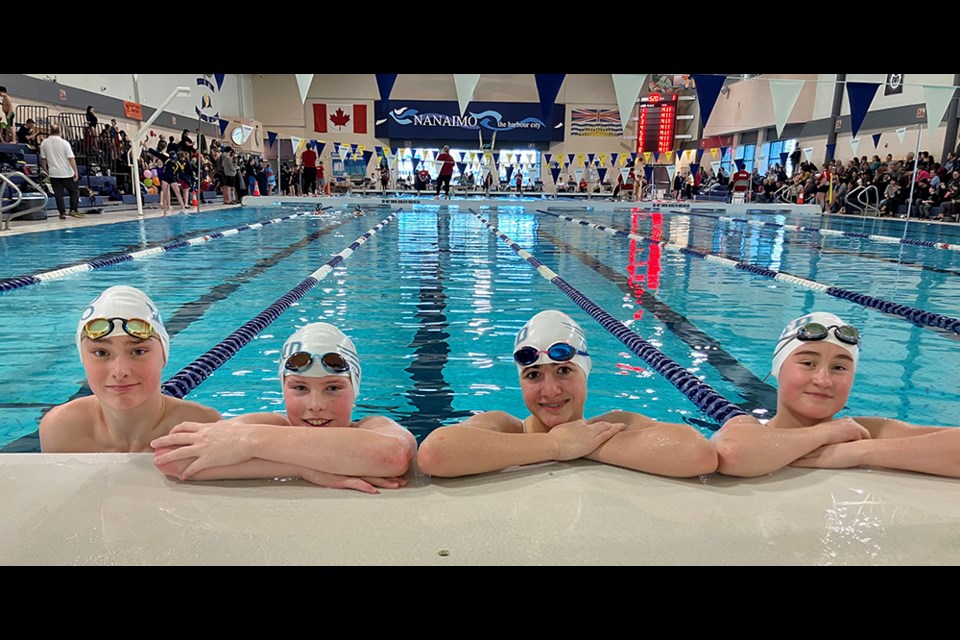 PERSONAL BESTS: Participating in the Vancouver Island short course regional championships in Nanaimo were West Coast Wind Swim Club members [from left] Russell O’Donnell, Gabe Mussellam, Kalissa Smith and Tilly Cocksedge-Hamilton. All six competitors who travelled to Nanaimo swam best times.