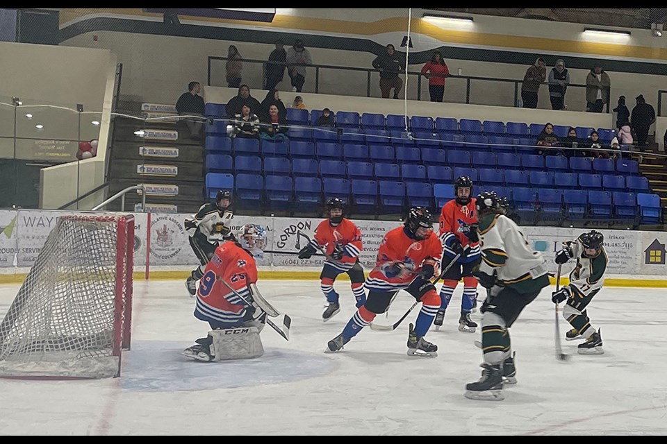 Powell River U15 Kings’ forward Carter Stekman (17) releases a shot that beats the North Island Eagles’ goaltender during a Vancouver Island Amateur Hockey Association playoff game at Hap Parker Arena on Sunday, February 19.
