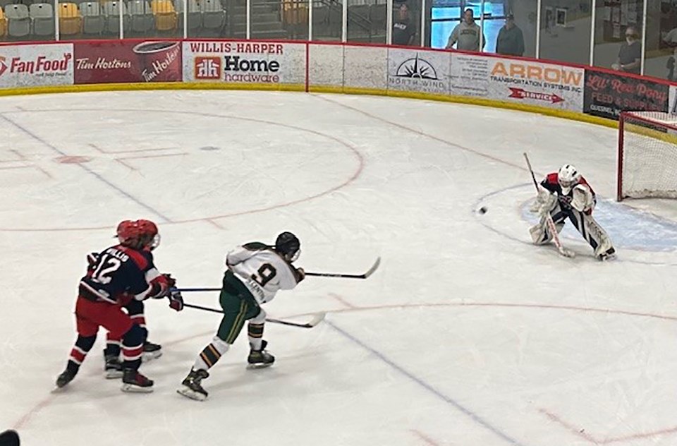 Powell River Kings' forward Lucas Gruntman sends a shot toward the Dawson Creek net during a game at the BC Hockey Tier 3 provincial championships in Quesnel on March 17. Gruntman scored twice in a decisive win for Powell River.