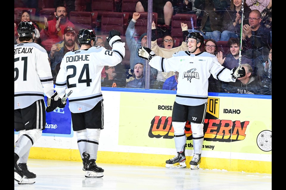 PLAYOFF BOUND: Powell River minor hockey product Keaton Mastrodonato [right] has split his season with Dallas Stars’ affiliated teams Texas Stars of the AHL and Idaho Steelheads of the ECHL. In his first year of professional hockey, after playing collegiate hockey in the United States, Mastrodonato is having some great success on the ice this season.