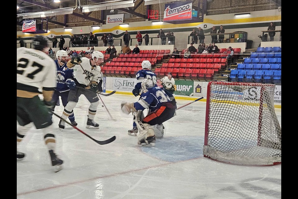 Terrace River Kings goaltender Daniel Paul tracks the puck during a Coy Cup round-robin game at Powell River Recreation Complex on Wednesday, March 27.