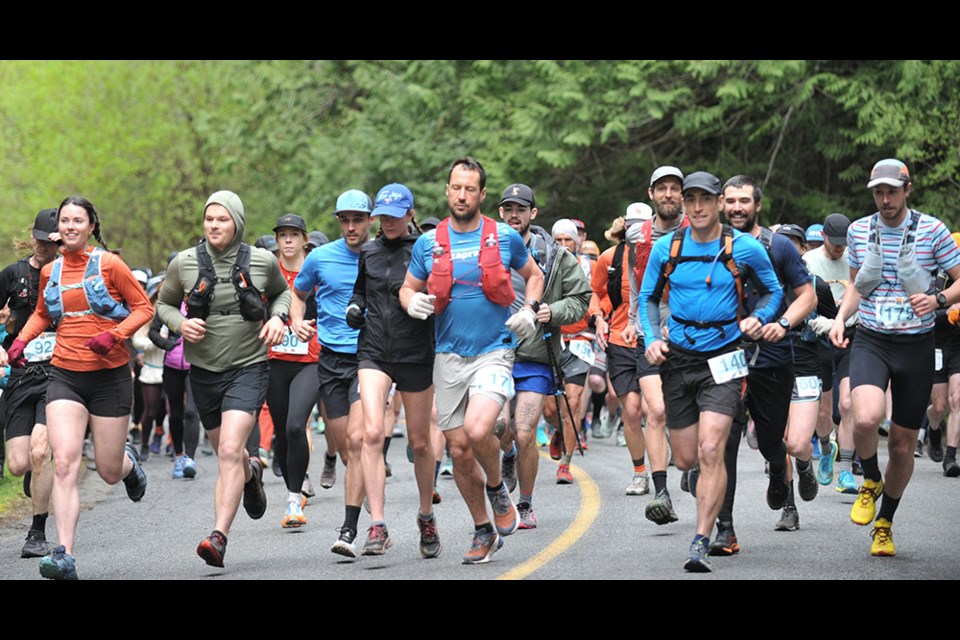 Participants embark on the 2024 Marathon Shuffle, which took place on Sunday, April 28, with a start at Malaspina Road and continuing through a portion of the Sunshine Coast Trail. Hikers and runners of a wide range of abilities completed the course at the Shinglemill Pub at Powell Lake.