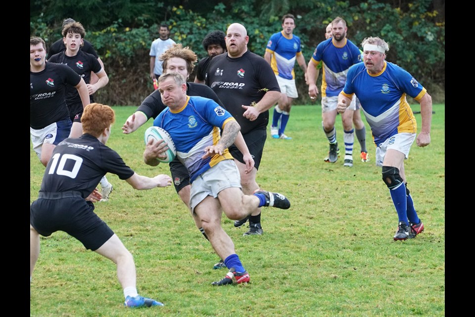 Powell River Otago rugby club [in blue] fought hard but were defeated 65-10 by a much more experienced Port Alberni Black Sheep club in a contest played in Powell River on December 7                               