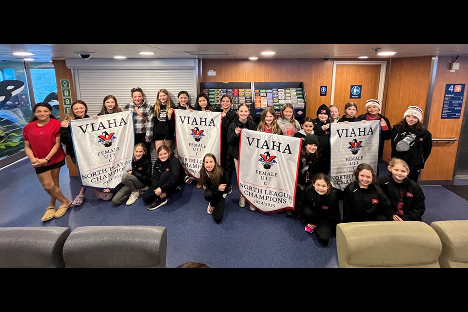 PROMISING PLAYERS: Heading home on the ferry after amazing hockey seasons are the Powell River Queens U11 and U13 teams, who had undefeated seasons, winning league play and the playoffs against Vancouver Island competition.
